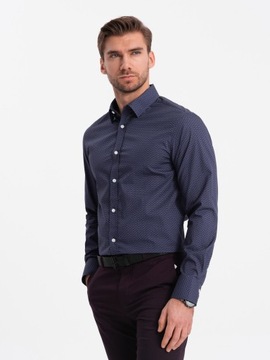 Koszula męska bawełniana we wzory SLIM FIT granatowa V6 OM-SHCS-0151 XL