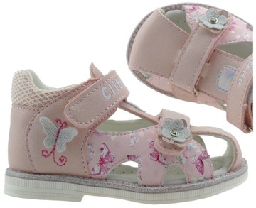 SANDAŁY DZIEWCZĘCE BUTY DZIECIĘCE KRYTE SANDAŁKI NA RZEPY WKŁ. SKÓRA R. 20