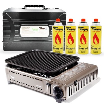 GRILL TURYSTYCZNY na KARTUSZ gazowy ALPEN CAMPING NEVADA + WALIZKA + 4x GAZ