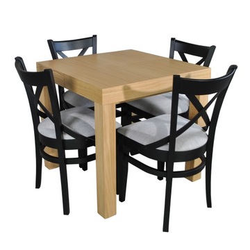 ZESTAW STÓŁ KWADRAT DĘBOWY 80X80/120 + 4 KRZESŁA CZARNE SALON JADALNIA
