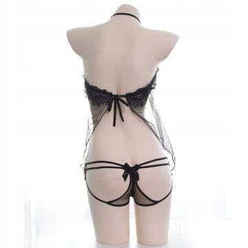 Ночная сорочка Babydoll черная, сетчатая, с кружевом + трусики на завязках 2в1