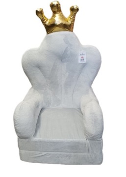 FOTEL PLUSZOWY TRON SZARY KORONA ZŁOTA ROZKŁADANY PUFA SOFA