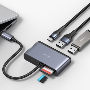 Адаптер USAMS HUB 5in1 USB 2.0/USB 3.0/ USB-C/TF/SD серый/