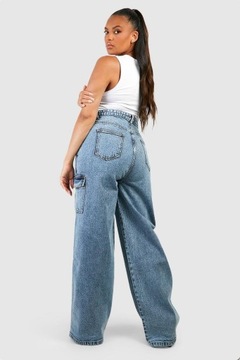 Boohoo NG2 meh szerokie spodnie bojówki jeans kieszenie wysoki stan 50