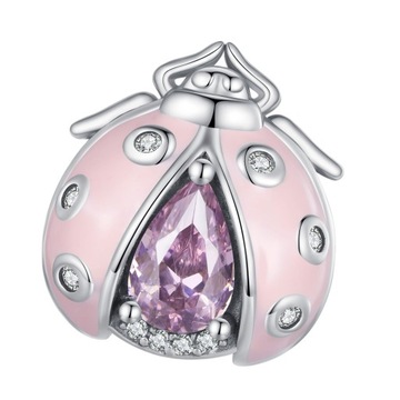 G989 Różowa biedronka z kryształkami srebrny charms koralik beads