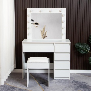 БЕЛЫЙ КОСМЕТИЧЕСКИЙ СТОЛИК С ЗЕРКАЛОМ И ТАБУРОМ 12 СВЕТОДИОДНЫХ ЛАМПОЧЕК REHA M