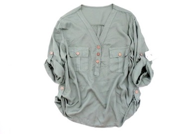 Włoska bluzka koszula stójka LYOCELL guziki khaki