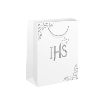 Большой подарочный пакет для причастия IHS бело-серебристый