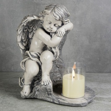 DUŻY SZARY ANIOŁ GIPSOWY + ŚWIECA FIGURKA NAGROBNA Podstawka pod ZNICZ