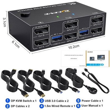KVM-переключатель USB 3.0 DP 2 ПК 2 монитора, дисплей 4K, 144 Гц L372
