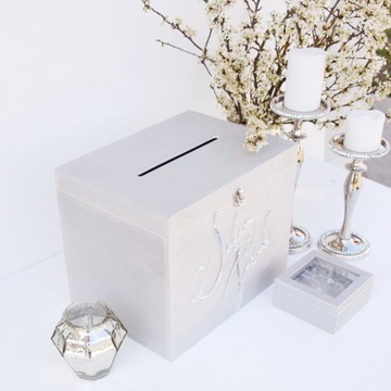 БОЛЬШАЯ СЕРЕБРЯНАЯ КОРОБКА ДЛЯ КОНВЕРТОВ + гламурные ОБРУЧАЛЬНЫЕ КОЛЬЦА
