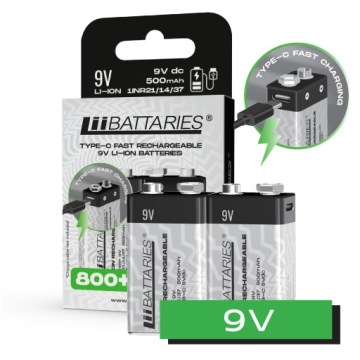 LiiBattaries Výkonný Nabíjecí Baterie nabíjecí Lithium-iontová Baterie 9V Usb-c