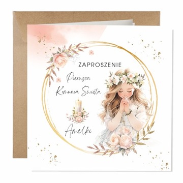 Zaproszenie na Komunię 14 x 14 cm - Pierwsza Komunia Święta + koperta