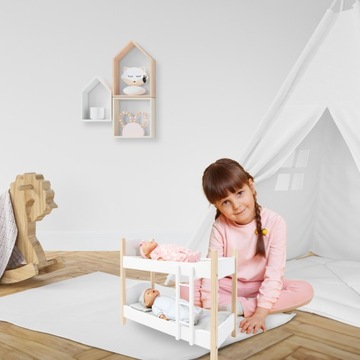 KINDERPLAY ДЕРЕВЯННАЯ ДВУХЭТАЖНАЯ КРУЖЕВАЯ КРОВАТЬ 53см + ПОСТЕЛЬНОЕ ПРИНАДЛЕЖНОСТИ