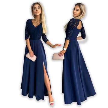 AMBER elegantné čipkované dlhé šaty s výstrihom - TMAVO MODRÁ - L