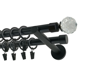 Karnisz podwójny METALOWY 19+19mm CZARNY MAT 180cm KULA CRYSTAL