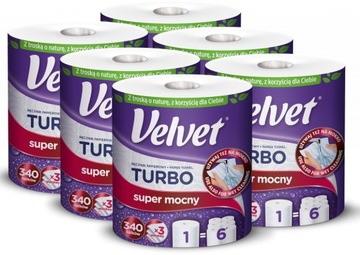 Zestaw 6 x Ręcznik papierowy super mocny VELVET TURBO 340 Listków 3 warstwy