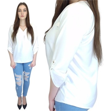 Bluzka damska koszulowa elegancka dekolt serek biała XL (42)