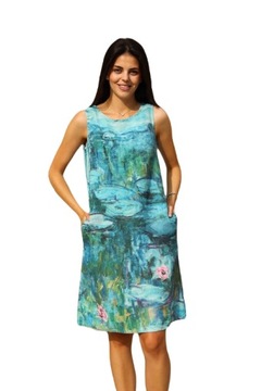 Sukienka 100% len midi r.36 Claude Monet Water Lilies Br