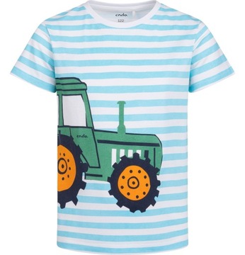 T-shirt chłopięcy Koszulka dziecięca Bawełna biały 122 w paski z traktorem