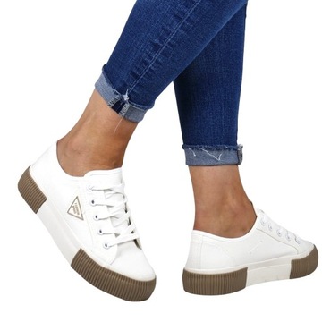 DAMSKIE SNEAKERSY BIAŁE TRAMPKI MODNE BUTY NA GRUBEJ PODESZWIE SZNUROWANE
