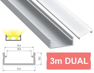 PROFIL LED DUAL 3m SZEROKI NA DWIE TAŚMY LED DUAL SREBRNY 3M Z KLOSZEM PMMA
