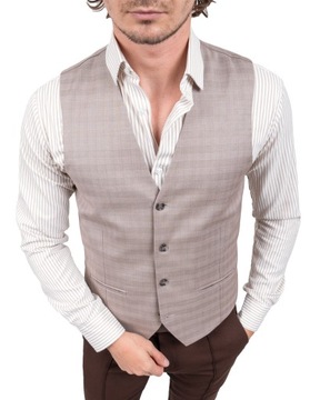 Męska Kamizelka Beżowa Kratka Casual Elegancka + poszetka i mucha- 58