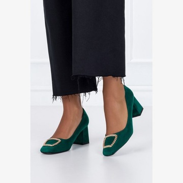 CZÓŁENKA ELEGANCKIE NA NISKIM OBCASIE KLOCKU ZE ZŁOTĄ OZDOBĄ r 39
