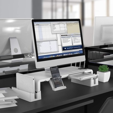 РЕГУЛИРУЕМАЯ ПОДСТАВКА ДЛЯ МОНИТОРА, БЕЛАЯ + 2 ПОДСТАВКИ ДЛЯ ХРАНЕНИЯ