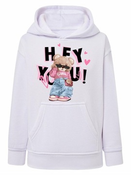 Bluza dziewczęca z kapturem biała z misiem, r. 134/140