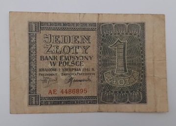 Старая коллекционная банкнота Польша 1 злотый 1941 года.