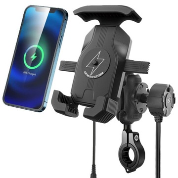 ДЕРЖАТЕЛЬ ЗАРЯДНОГО УСТРОЙСТВА ДЛЯ МОТОЦИКЛА АНТИВИБРАЦИОННЫЙ 15ВТ QI USB-C PD 36ВТ ВОЛЬТМЕТР