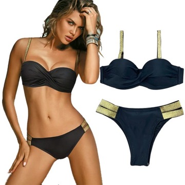 STRÓJ KĄPIELOWY CZARNY ZŁOTE PASY PUSH UP S XL