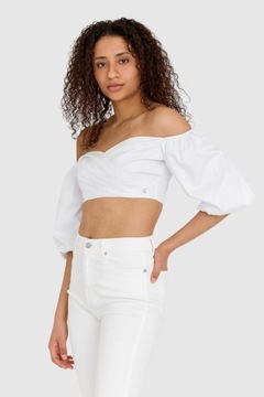 GUESS - Biały crop top z bufiastymi rękawami L