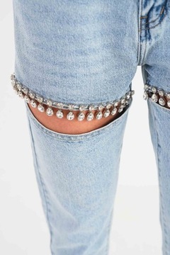 Damskie jeansowe spodnie luźne boyfriendy z dziurami kryształki XL