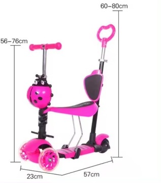 Трёхколесный балансировочный самокат BIEDRONKA 5в1 LED РОЗОВЫЙ