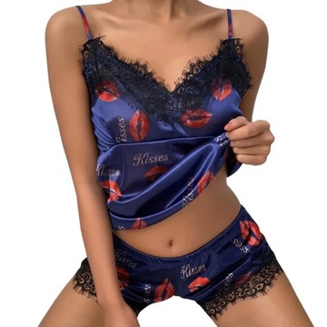 Women Sexy Pajamas Set Satin Silk Lace Cami Vest H