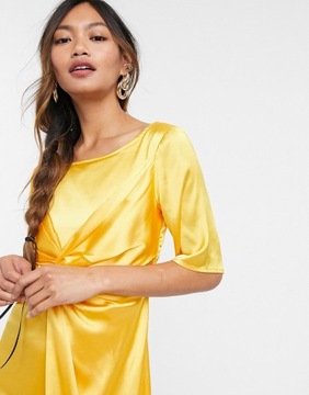 Elvi Żółta sukienka midi z ozdobnym węzłem 36
