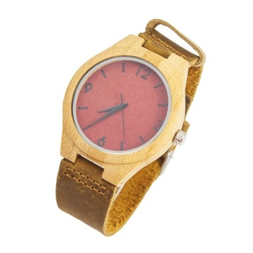 Zegarek ręka bransoletka drewniany zegarek skórzany brązowy czerwona tarcza