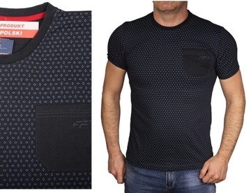Koszulka męska granatowa z kieszonką we wzory T-shirt bawełniany Polska L