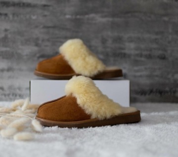 KAPCIE DAMSKIE SKÓRZANE CIEPŁE ZE SKÓRĄ OWCZĄ WEŁNA PANTOFLE DOMOWE