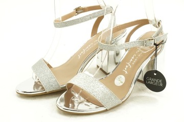 NEW LOOK sandały srebrne na obcasie klocku słupku brokatowe piękne r. 38