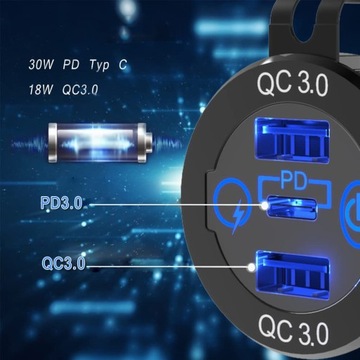 SAMOCHODOWA ŁADOWARKA DO TELEFONU LED QC 3.0 PD USB + PD 60W 12V 24V
