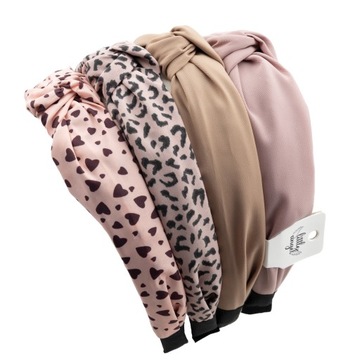 Zestaw 4 szerokich opasek do włosów z supełkiem Pastelowe Różowe Serduszka