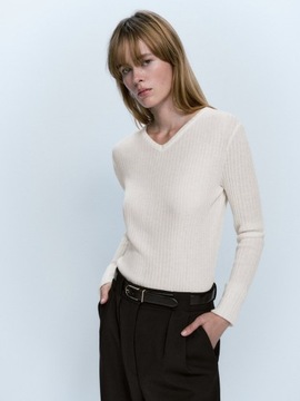 Biały damski wełniany sweter Massimo Dutti, bluzka z długim rękawem, r XS