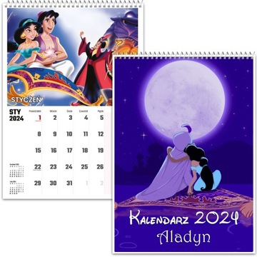 KALENDARZ ŚCIENNY NA ROK 2024 ALADYN BAJKA DŻASMINA WIELOPLANSZOWY A4