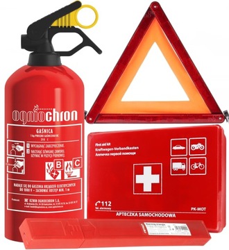 ZESTAW SAMOCHODOWY GAŚNICA OGNIOCHRON 1kg TRÓJKĄT OSTRZEGAWCZY APTECZKA