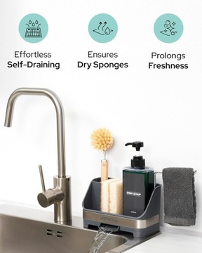 Органайзер для кухонной мойки с держателем для губки, дозатором и контейнером.