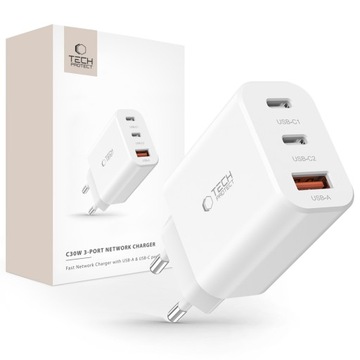 MOCNA SIECIOWA ŁADOWARKA ZASILACZ USB-A USB-C TYPE-C PD 30W - 3 PORTY
