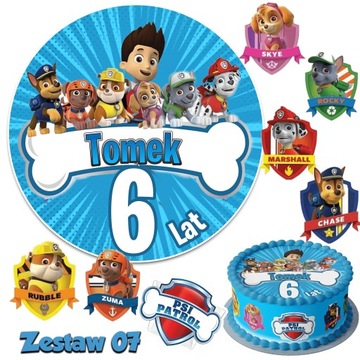 Zestaw Opłatek na tort PSI PATROL z Imieniem +7 Wyciętych Tarcz na Tort